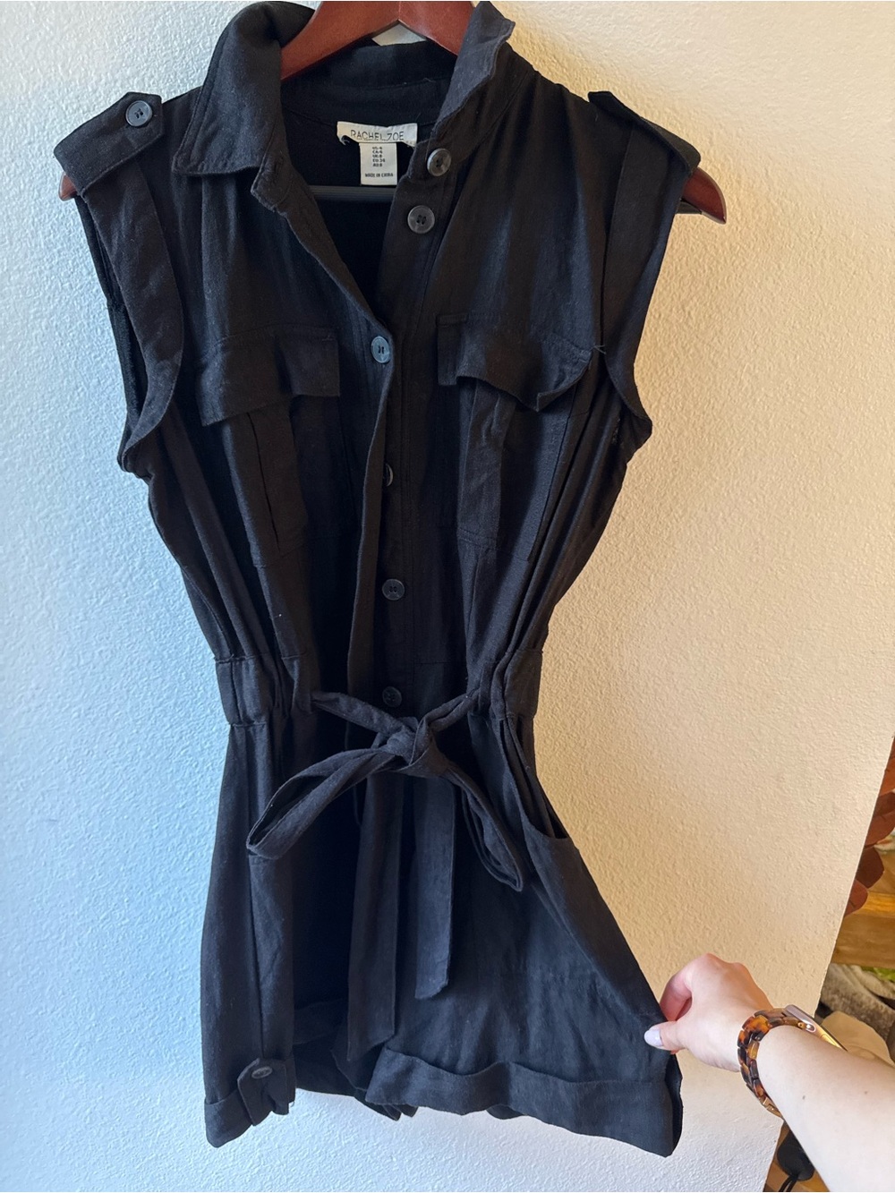 Sleeveless Romper Black Utility With Tie-Waist